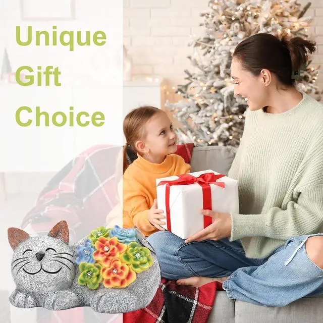 Alt view image 6 of 7 - Otdair Solar Garden Decor Cat, Cat Lover Gifts with Succulent and 7 LED Lights for Outside,Outdoor Solar Lights for Yard, Garden and Patio, Unique Gift for Women