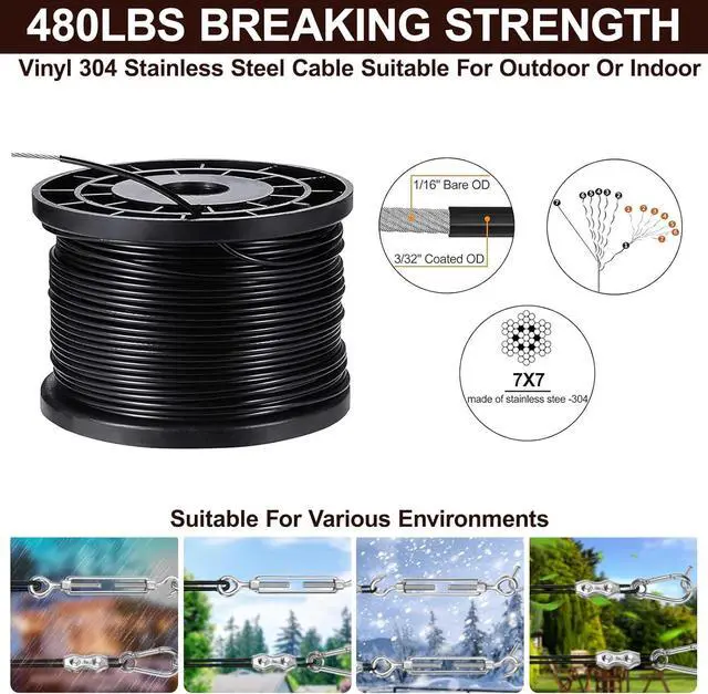 Alt view image 3 of 7 - Upgraded Outdoor String Light Hanging Kit, 350ft Globe String Light Suspension Kit w/Expansion Hook, Stainless Steel 304 String Light Guide Wire, Black Guy Wire kit for Wedding Dinner Barbecue