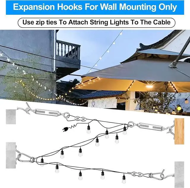 Alt view image 4 of 7 - Upgraded Outdoor String Light Hanging Kit, 350ft Globe String Light Suspension Kit w/Expansion Hook, Stainless Steel 304 String Light Guide Wire, Black Guy Wire kit for Wedding Dinner Barbecue