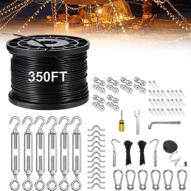 Main image of Upgraded Outdoor String Light Hanging Kit, 350ft Globe String Light Suspension Kit w/Expansion Hook, Stainless Steel 304 String Light Guide Wire, Black Guy Wire kit for Wedding Dinner Barbecue