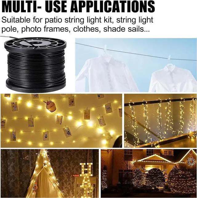 Alt view image 6 of 7 - Upgraded Outdoor String Light Hanging Kit, 350ft Globe String Light Suspension Kit w/Expansion Hook, Stainless Steel 304 String Light Guide Wire, Black Guy Wire kit for Wedding Dinner Barbecue