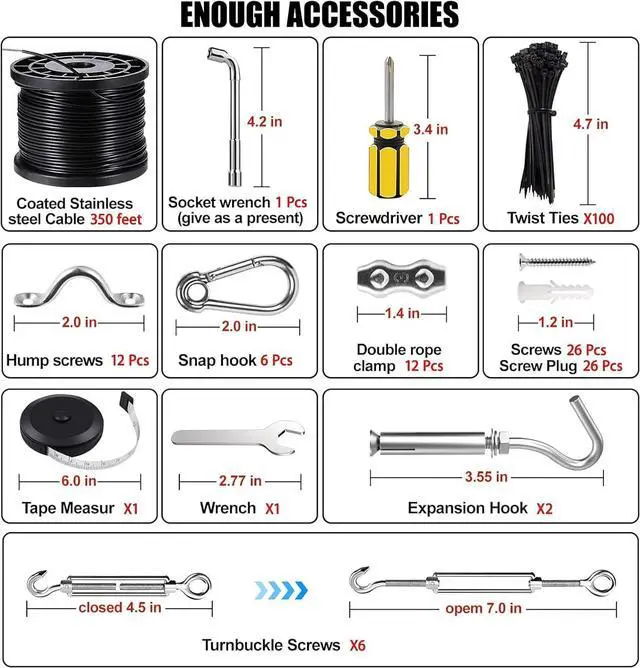 Alt view image 7 of 7 - Upgraded Outdoor String Light Hanging Kit, 350ft Globe String Light Suspension Kit w/Expansion Hook, Stainless Steel 304 String Light Guide Wire, Black Guy Wire kit for Wedding Dinner Barbecue