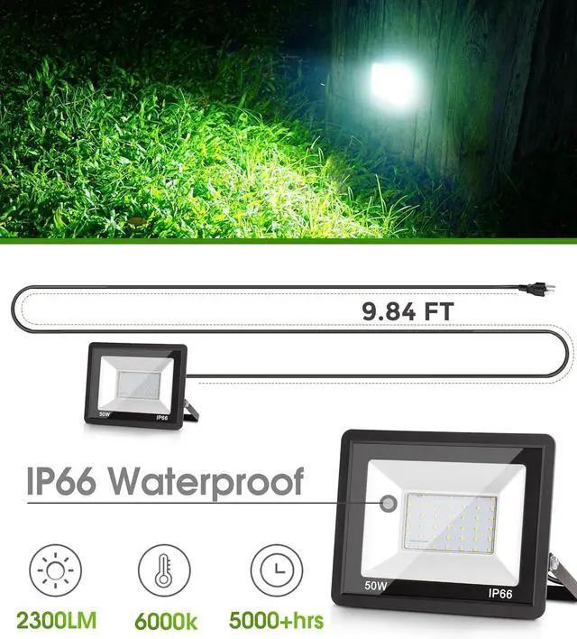 Alt view image 3 of 7 - LOHAS Flood Lights Outdoor, 50W Dusk to Dawn Floodlight, IP66 Waterproof Plug in Floodlights, 9.84-ft Cord, 6000K Daylight Work Light, 2300LM Security Lights for Yard, Garage, UL Listed, 2Pack