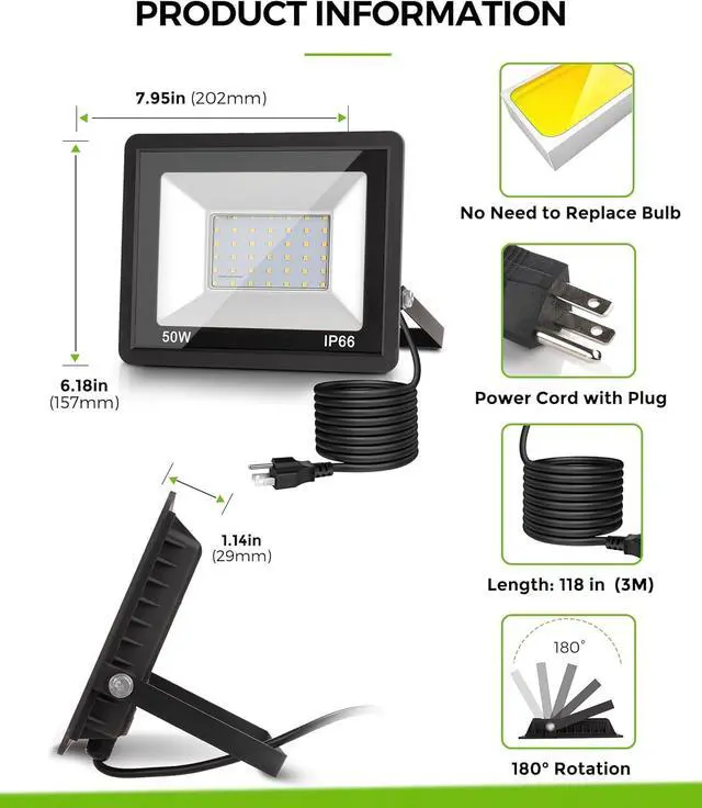 Alt view image 7 of 7 - LOHAS Flood Lights Outdoor, 50W Dusk to Dawn Floodlight, IP66 Waterproof Plug in Floodlights, 9.84-ft Cord, 6000K Daylight Work Light, 2300LM Security Lights for Yard, Garage, UL Listed, 2Pack