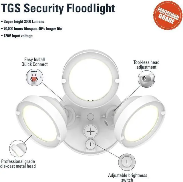 Alt view image 4 of 7 - HALO TGS Outdoor Integrated LED Flood & Security Light Triple Round Head White