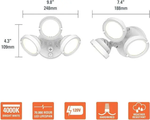 Alt view image 3 of 7 - HALO TGS Outdoor Integrated LED Flood & Security Light Triple Round Head White