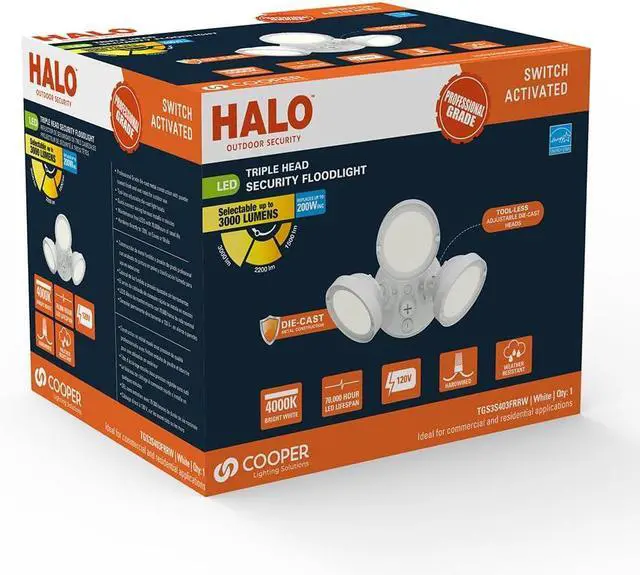 Alt view image 2 of 7 - HALO TGS Outdoor Integrated LED Flood & Security Light Triple Round Head White