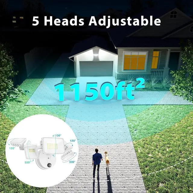 Alt view image 2 of 7 - iMaihom 5 Adjustable Heads Dusk to Dawn Led Outdoor Lighting, 55W Flood Lights Outdoor with Remote Control, 5000LM 6500K Photocell Floodlights, IP65 Waterproof Exterior Security Light for Yard (White)