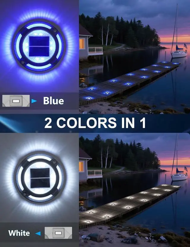 Alt view image 3 of 7 - VOLISUN Solar Driveway & Deck Lights 12 Pack Waterproof Dock & Marine Ground Lights,2-in-1 Blue & White LED,Solar Marker for Pathways,Steps,and Warning Signs