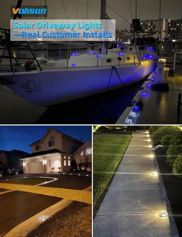 Alt view image 4 of 7 - VOLISUN Solar Driveway & Deck Lights 12 Pack Waterproof Dock & Marine Ground Lights,2-in-1 Blue & White LED,Solar Marker for Pathways,Steps,and Warning Signs