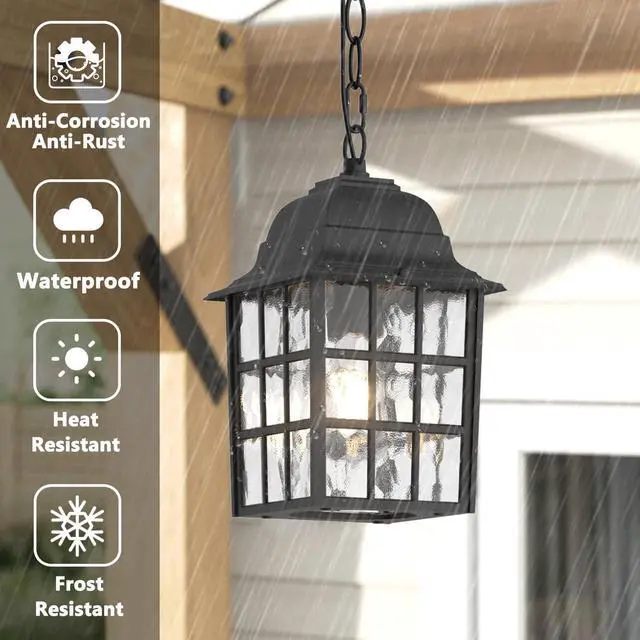 Alt view image 3 of 6 - Outdoor Pendant Light, Exterior Ceiling Hanging Lantern Porch Light with Water Glass, Outdoor Hanging Lantern Light Black Exterior Pendant Lighting Fixture for Porch, Yard, Gazebo