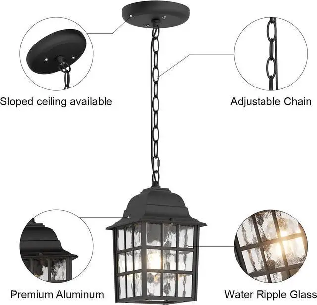 Alt view image 5 of 6 - Outdoor Pendant Light, Exterior Ceiling Hanging Lantern Porch Light with Water Glass, Outdoor Hanging Lantern Light Black Exterior Pendant Lighting Fixture for Porch, Yard, Gazebo