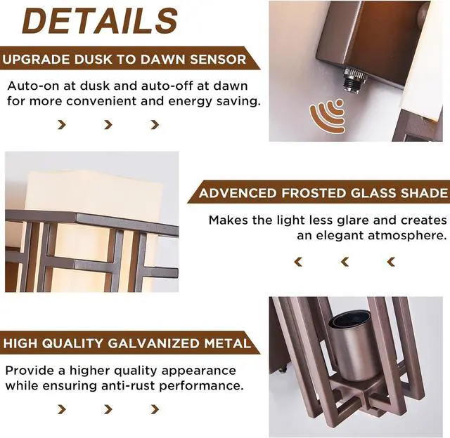 Alt view image 3 of 7 - Oil Rubbed Bronze Porch Light Dusk to Dawn Outdoor Sconce Matte Brown Wall Lantern with Frosted Glass Outside House Lighting Waterproof Exterior Light Fixture for Patio Yards Garage Front Door