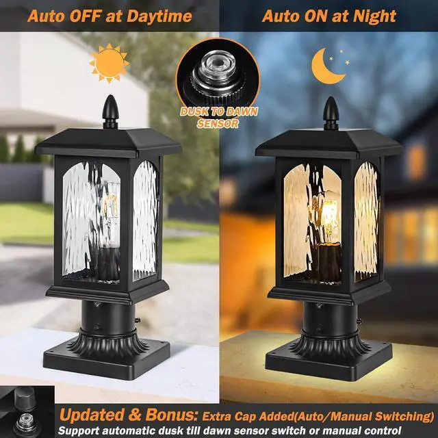 Alt view image 2 of 7 - 2 Packs Dusk to Dawn Outdoor Post Light with Pier Mount Base - Hard Wired Pole Outdoor Lighting, Waterproof Black Pillar Lantern Outside with Tempered Rippled Glass for Pathway, Garden, Patio
