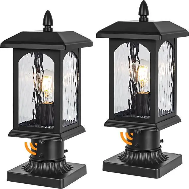 Main image of 2 Packs Dusk to Dawn Outdoor Post Light with Pier Mount Base - Hard Wired Pole Outdoor Lighting, Waterproof Black Pillar Lantern Outside with Tempered Rippled Glass for Pathway, Garden, Patio
