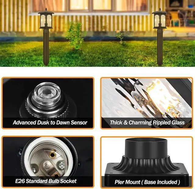 Alt view image 3 of 7 - 2 Packs Dusk to Dawn Outdoor Post Light with Pier Mount Base - Hard Wired Pole Outdoor Lighting, Waterproof Black Pillar Lantern Outside with Tempered Rippled Glass for Pathway, Garden, Patio
