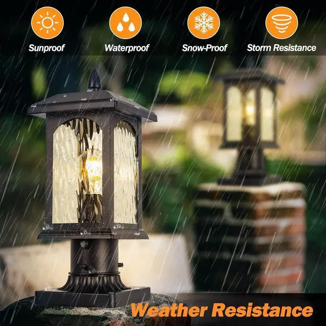 Alt view image 4 of 7 - 2 Packs Dusk to Dawn Outdoor Post Light with Pier Mount Base - Hard Wired Pole Outdoor Lighting, Waterproof Black Pillar Lantern Outside with Tempered Rippled Glass for Pathway, Garden, Patio