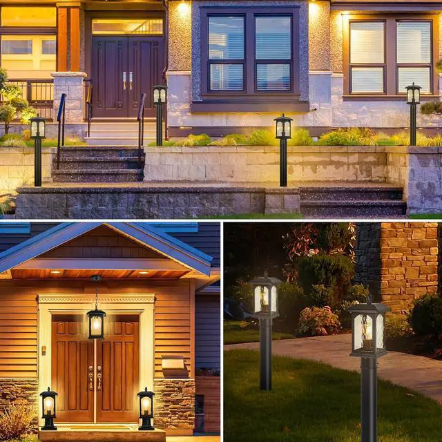 Alt view image 7 of 7 - 2 Packs Dusk to Dawn Outdoor Post Light with Pier Mount Base - Hard Wired Pole Outdoor Lighting, Waterproof Black Pillar Lantern Outside with Tempered Rippled Glass for Pathway, Garden, Patio