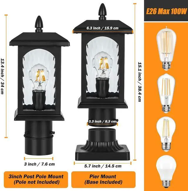 Alt view image 6 of 7 - 2 Packs Dusk to Dawn Outdoor Post Light with Pier Mount Base - Hard Wired Pole Outdoor Lighting, Waterproof Black Pillar Lantern Outside with Tempered Rippled Glass for Pathway, Garden, Patio