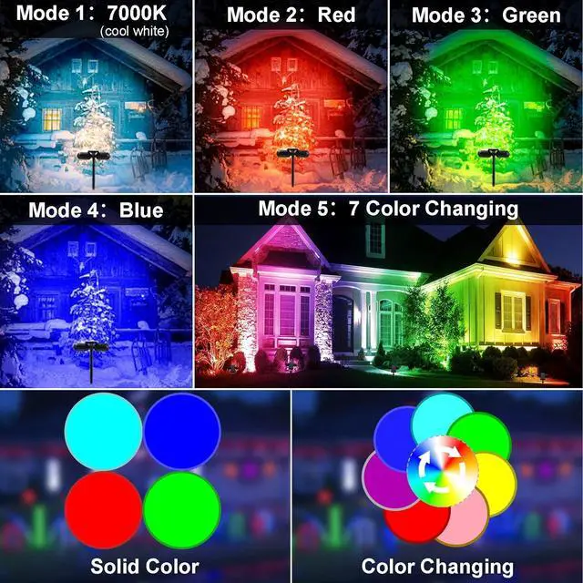 Alt view image 3 of 7 - EMANER Solar Outdoor Spot Lights, RGB Solid Color+Multicolor Changing, Solar Spotlight Keep On, Dusk to Dawn Pathway Stake Light Waterproof for Christmas Halloween Outside Tree Garden Decor, 2Pack