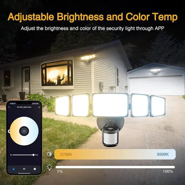 Alt view image 4 of 7 - Onforu 55W Smart LED Security Lights Motion Sensor Outdoor 5 Heads, 340° Illumination WiFi Alexa Flood Light 5500LM APP Control, 2500K-6500K Exterior Motion Detector, IP65 Wall Light for Yard, Balck