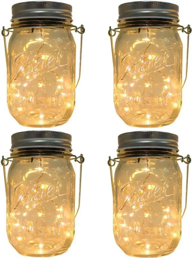 Main image of CHBKT 4-Pack Solar-powered Mason Jar Lights (Mason Jar / Handle Included),20 Bulbs Jar Hanging Light,Garden Outdoor Solar / Hanging Lantern,Decor Solar Light,Table Light,Patio Path Light,Warm White