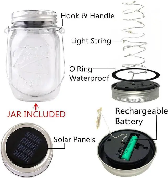 Alt view image 4 of 7 - CHBKT 4-Pack Solar-powered Mason Jar Lights (Mason Jar / Handle Included),20 Bulbs Jar Hanging Light,Garden Outdoor Solar / Hanging Lantern,Decor Solar Light,Table Light,Patio Path Light,Warm White