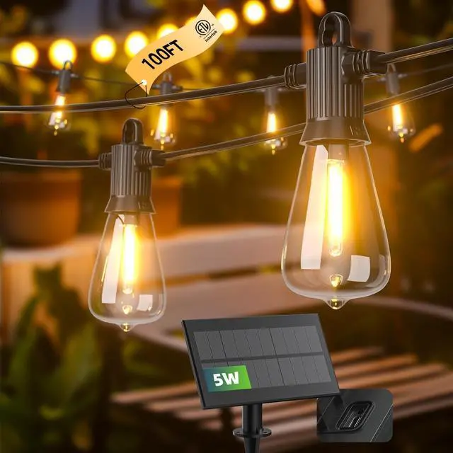 Main image of Kawaya Solar Powered String Lights for Outside: 100 FT LED Outdoor Patio Lights with USB-Charging - IP65 Waterproof Hanging Light - 50+2 Shatterproof Edison Bulbs for Bistro Cafe Camp Yard Balcony