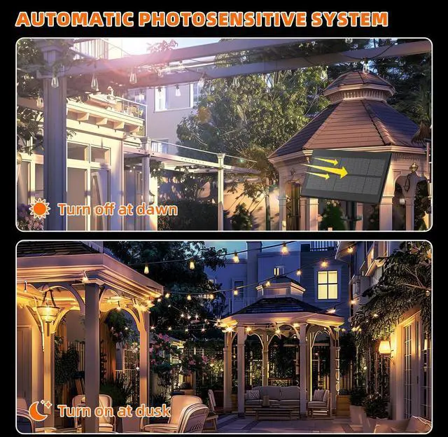 Alt view image 2 of 7 - Kawaya Solar Powered String Lights for Outside: 100 FT LED Outdoor Patio Lights with USB-Charging - IP65 Waterproof Hanging Light - 50+2 Shatterproof Edison Bulbs for Bistro Cafe Camp Yard Balcony