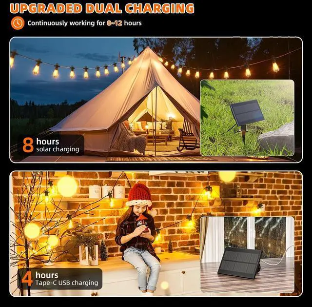 Alt view image 3 of 7 - Kawaya Solar Powered String Lights for Outside: 100 FT LED Outdoor Patio Lights with USB-Charging - IP65 Waterproof Hanging Light - 50+2 Shatterproof Edison Bulbs for Bistro Cafe Camp Yard Balcony