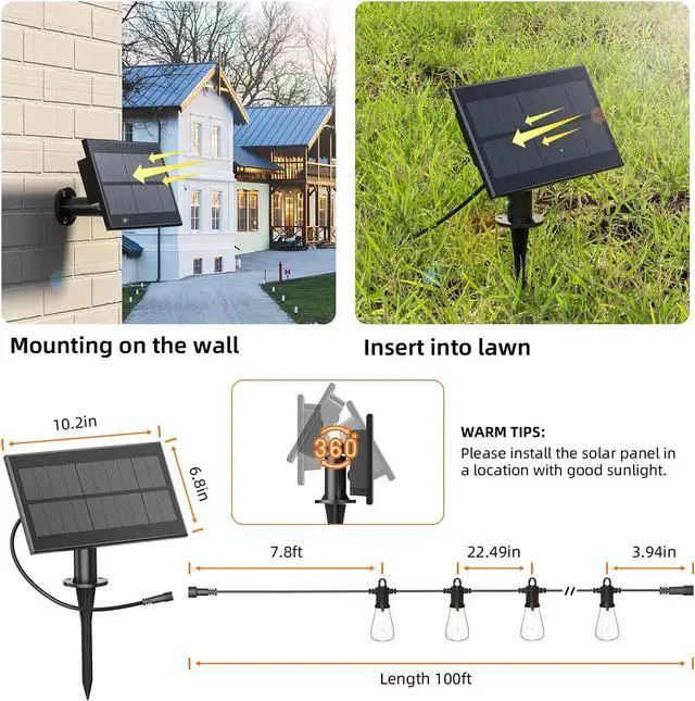 Alt view image 5 of 7 - Kawaya Solar Powered String Lights for Outside: 100 FT LED Outdoor Patio Lights with USB-Charging - IP65 Waterproof Hanging Light - 50+2 Shatterproof Edison Bulbs for Bistro Cafe Camp Yard Balcony