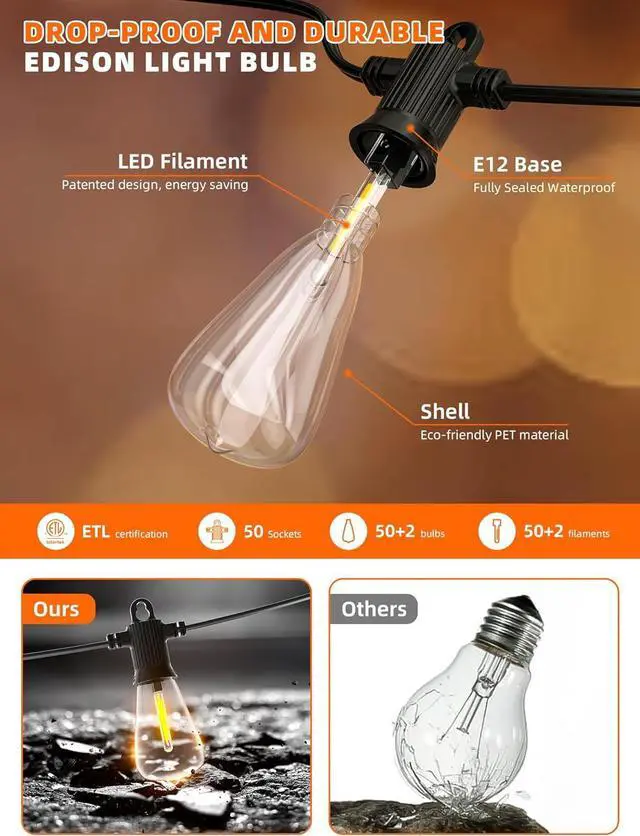 Alt view image 6 of 7 - Kawaya Solar Powered String Lights for Outside: 100 FT LED Outdoor Patio Lights with USB-Charging - IP65 Waterproof Hanging Light - 50+2 Shatterproof Edison Bulbs for Bistro Cafe Camp Yard Balcony