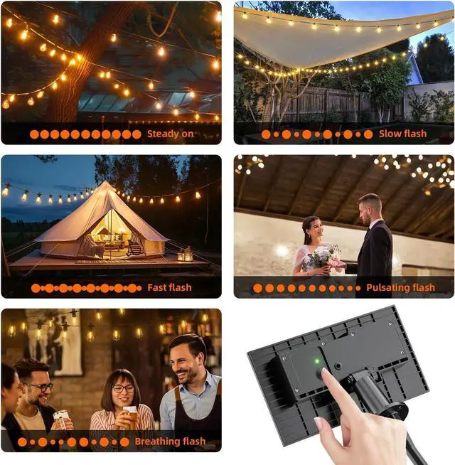 Alt view image 7 of 7 - Kawaya Solar Powered String Lights for Outside: 100 FT LED Outdoor Patio Lights with USB-Charging - IP65 Waterproof Hanging Light - 50+2 Shatterproof Edison Bulbs for Bistro Cafe Camp Yard Balcony