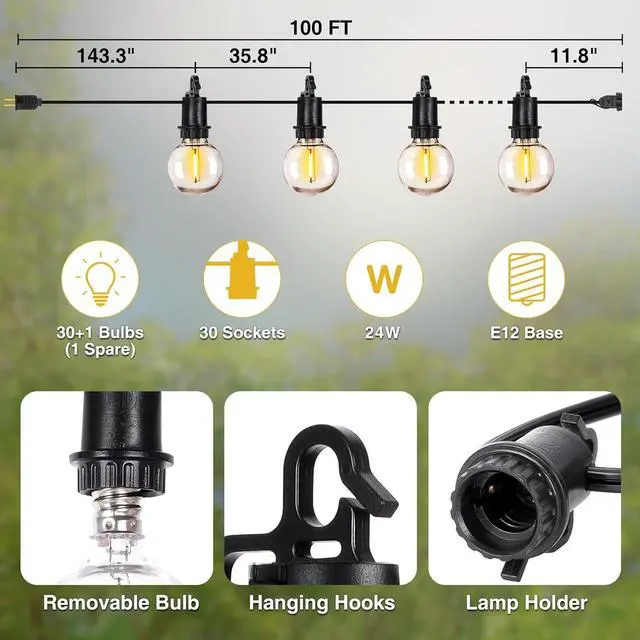 Alt view image 3 of 7 - ZJOJO 100FT Outdoor String Lights, G40 Globe Outdoor Lights with 30 Shatterproof LED Bulbs (3 Spare), 2700K Hanging IP65 Waterproof Patio Light String Lights for Outside Backyard Porch Party