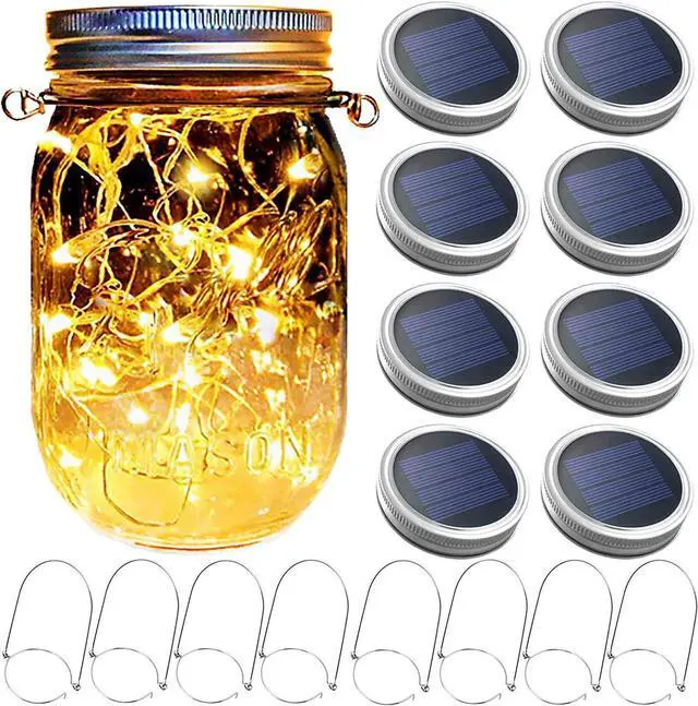 Main image of Mason Jar Solar Lantern Lights, 8 Pack 30 LED Bulbs Fairy Star Firefly Solar Lids Jar Lights,8 Hangers Included(No Jars),for Patio Garden Mason Jar Lanterns Table Wedding Decorations Lights