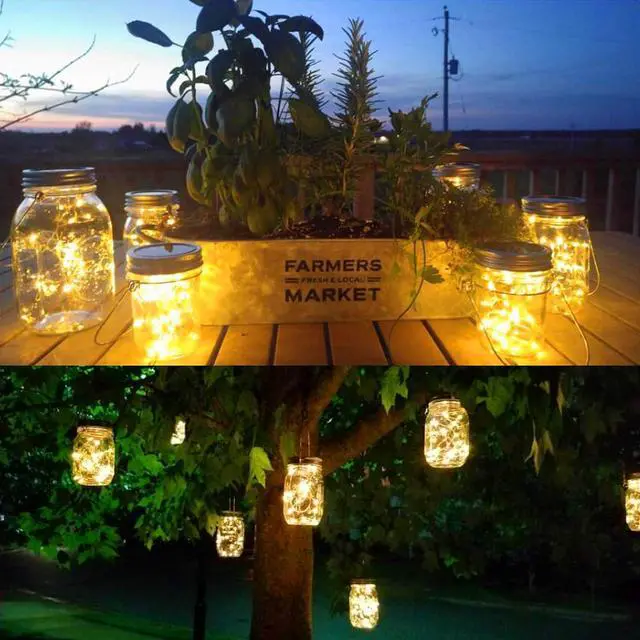Alt view image 2 of 6 - Mason Jar Solar Lantern Lights, 8 Pack 30 LED Bulbs Fairy Star Firefly Solar Lids Jar Lights,8 Hangers Included(No Jars),for Patio Garden Mason Jar Lanterns Table Wedding Decorations Lights