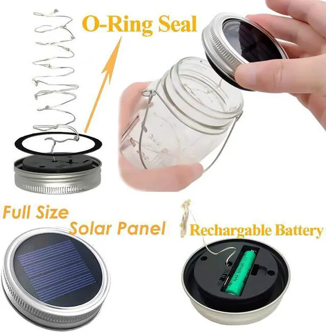 Alt view image 4 of 6 - Mason Jar Solar Lantern Lights, 8 Pack 30 LED Bulbs Fairy Star Firefly Solar Lids Jar Lights,8 Hangers Included(No Jars),for Patio Garden Mason Jar Lanterns Table Wedding Decorations Lights