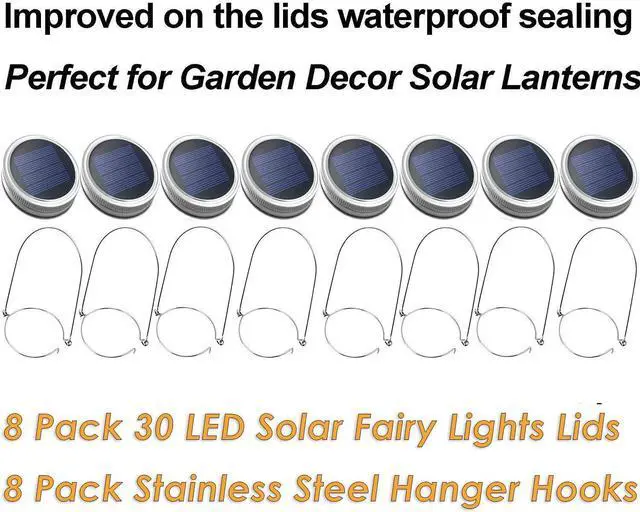 Alt view image 5 of 6 - Mason Jar Solar Lantern Lights, 8 Pack 30 LED Bulbs Fairy Star Firefly Solar Lids Jar Lights,8 Hangers Included(No Jars),for Patio Garden Mason Jar Lanterns Table Wedding Decorations Lights