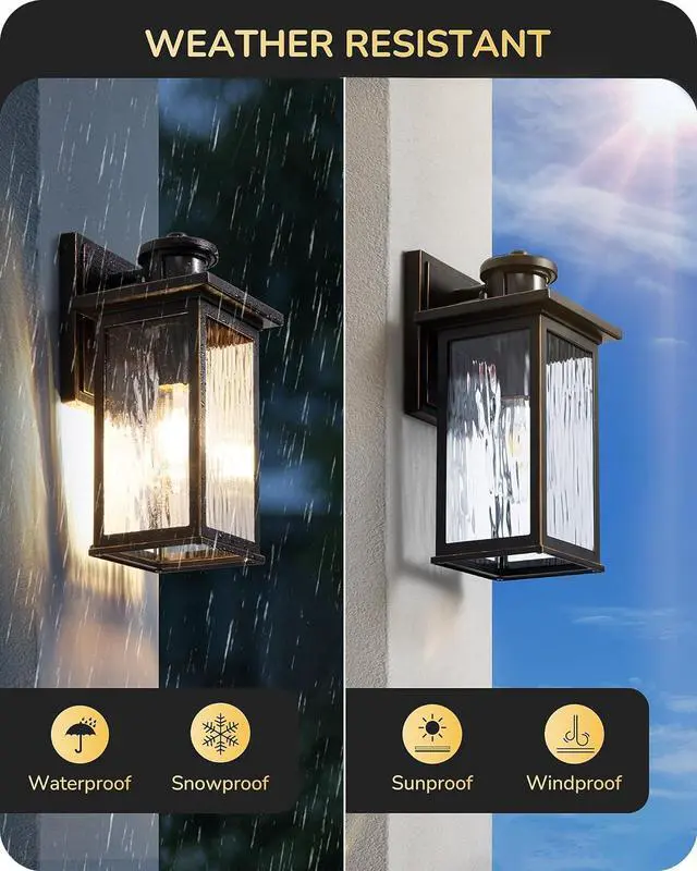 Alt view image 5 of 7 - EDISHINE Motion Sensor Outdoor Light Fixtures Wall Mount, Dusk to Dawn Front Porch Light with Water Ripple Glass, Waterproof Outdoor Wall Lights for Door Garage Patio, 2 Pack
