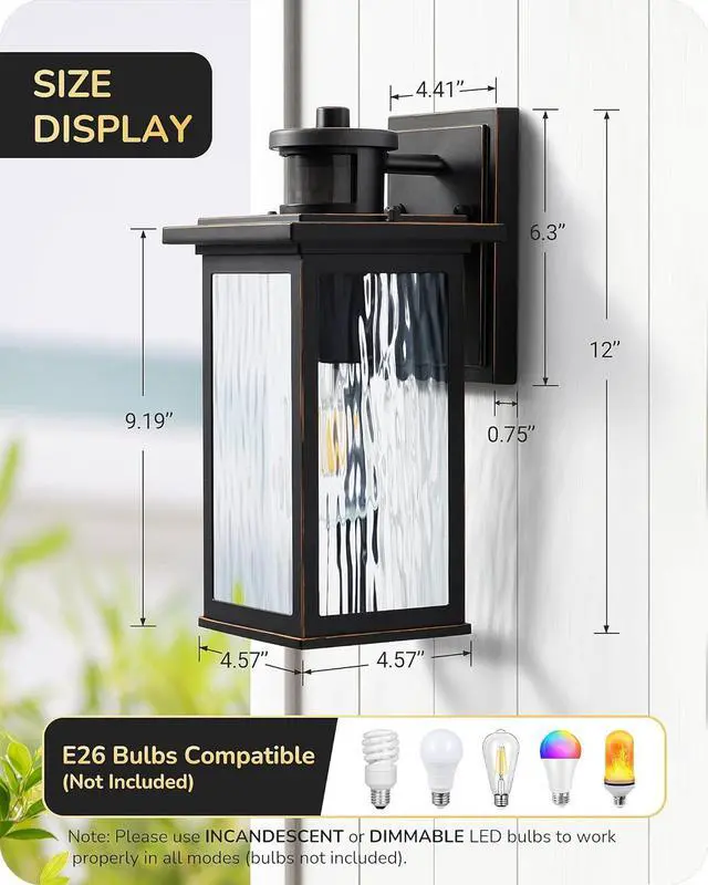 Alt view image 7 of 7 - EDISHINE Motion Sensor Outdoor Light Fixtures Wall Mount, Dusk to Dawn Front Porch Light with Water Ripple Glass, Waterproof Outdoor Wall Lights for Door Garage Patio, 2 Pack