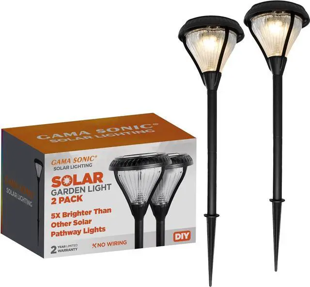 Main image of Gama Sonic Premier Outdoor Pathway Garden Landscape Light with 2 Color LEDs, Warm White and Bright White, Black, Heavy Duty Cast Aluminum, 50 Lumens, 2-Pack (239002)