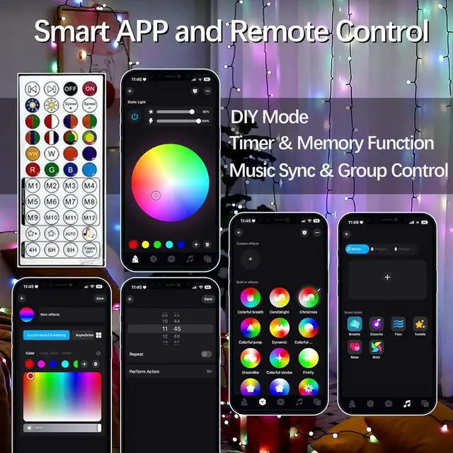 Alt view image 3 of 6 - Smart Color Changing Halloween Lights with Remote & APP Control, 66FT 200LED Waterproof RGB Music Sync Christmas Twinkle Lights with Timer & Dimmable for Indoor Outdoor Horror Party Halloween Decor