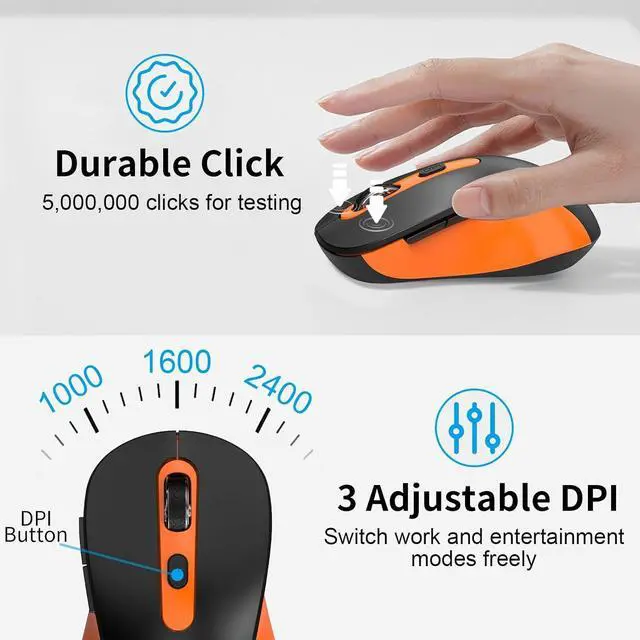 Alt view image 5 of 7 - Wireless Mouse for Laptop, PC, Chromebook, Mac, MacBook, Silent Mouse with USB Nano Receiver, Side Button, 2400 DPI, Anti Slip Roller, 6 Button Ergonomics Cordless Computer Mice - Black Orange