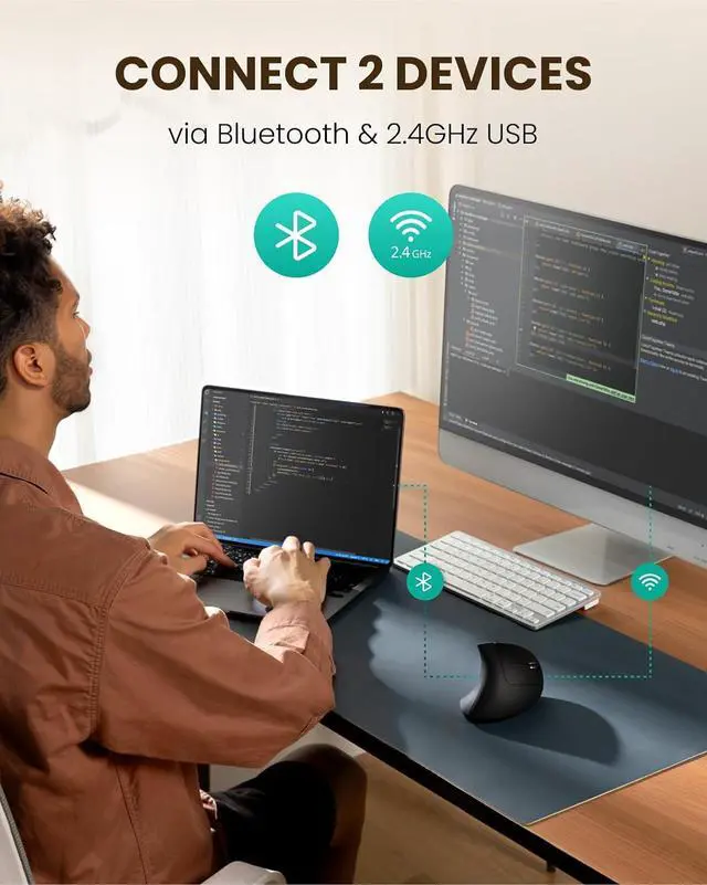 Alt view image 4 of 7 - Ergonomic Wireless Rechargeable Mouse, Bluetooth+USB A+Type C(3 in 1) Connection, 5 Levels Up to 4800 DPI, 6 Silent Buttons, 2.4GHz Carpal Tunnel Vertical Mice, for Laptop, Desktop,MacBook-black