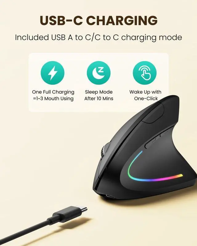 Alt view image 6 of 7 - Ergonomic Wireless Rechargeable Mouse, Bluetooth+USB A+Type C(3 in 1) Connection, 5 Levels Up to 4800 DPI, 6 Silent Buttons, 2.4GHz Carpal Tunnel Vertical Mice, for Laptop, Desktop,MacBook-black