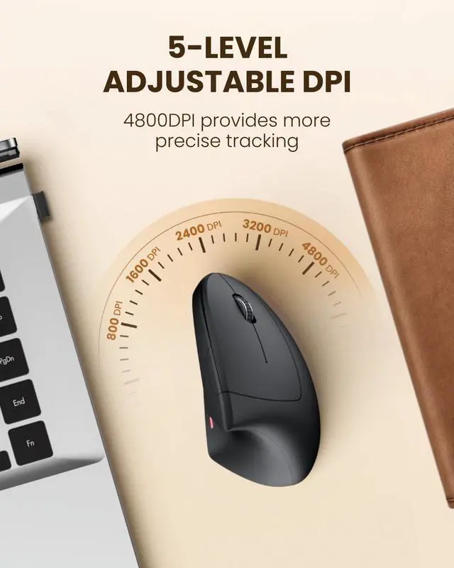 Alt view image 3 of 7 - Ergonomic Wireless Rechargeable Mouse, Bluetooth+USB A+Type C(3 in 1) Connection, 5 Levels Up to 4800 DPI, 6 Silent Buttons, 2.4GHz Carpal Tunnel Vertical Mice, for Laptop, Desktop,MacBook-black