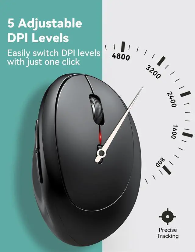Alt view image 3 of 7 - Ergonomic Mouse 4800 DPI Wireless Vertical Mouse 5 Adjustable DPI Levels 6 Buttons 2.4G Silent Wireless Mouse for Laptop PC Chromebook Mac - Black