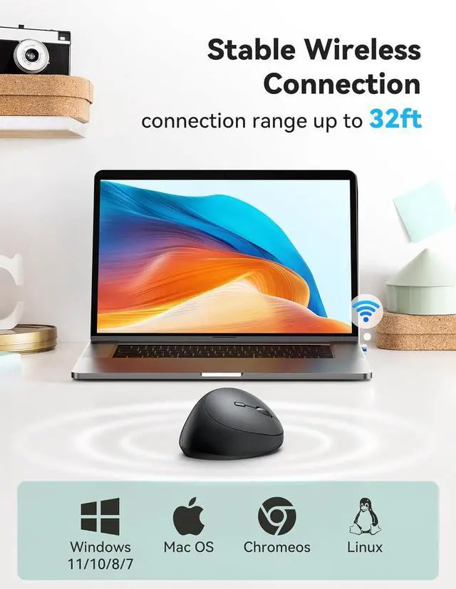 Alt view image 4 of 7 - Ergonomic Mouse 4800 DPI Wireless Vertical Mouse 5 Adjustable DPI Levels 6 Buttons 2.4G Silent Wireless Mouse for Laptop PC Chromebook Mac - Black