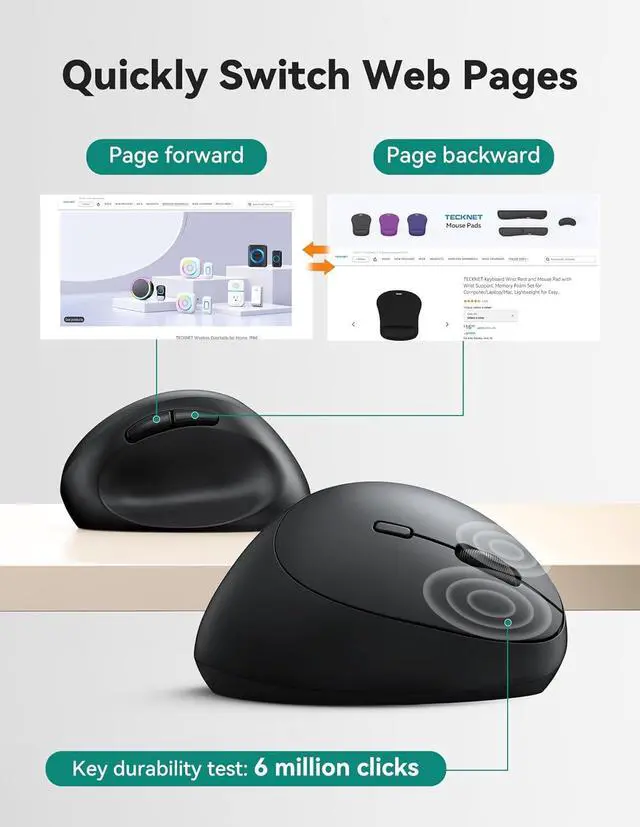 Alt view image 5 of 7 - Ergonomic Mouse 4800 DPI Wireless Vertical Mouse 5 Adjustable DPI Levels 6 Buttons 2.4G Silent Wireless Mouse for Laptop PC Chromebook Mac - Black