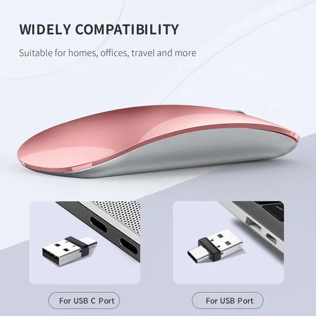 Alt view image 5 of 7 - Uiosmuph G11 Wireless Mouse, USB C Rechargeable Computer Mouse, Slim Silent Mice 2.4GHz Optical with USB Nano Receiver and Type C Receiver for Laptop/Mac/PC - Rose Gold